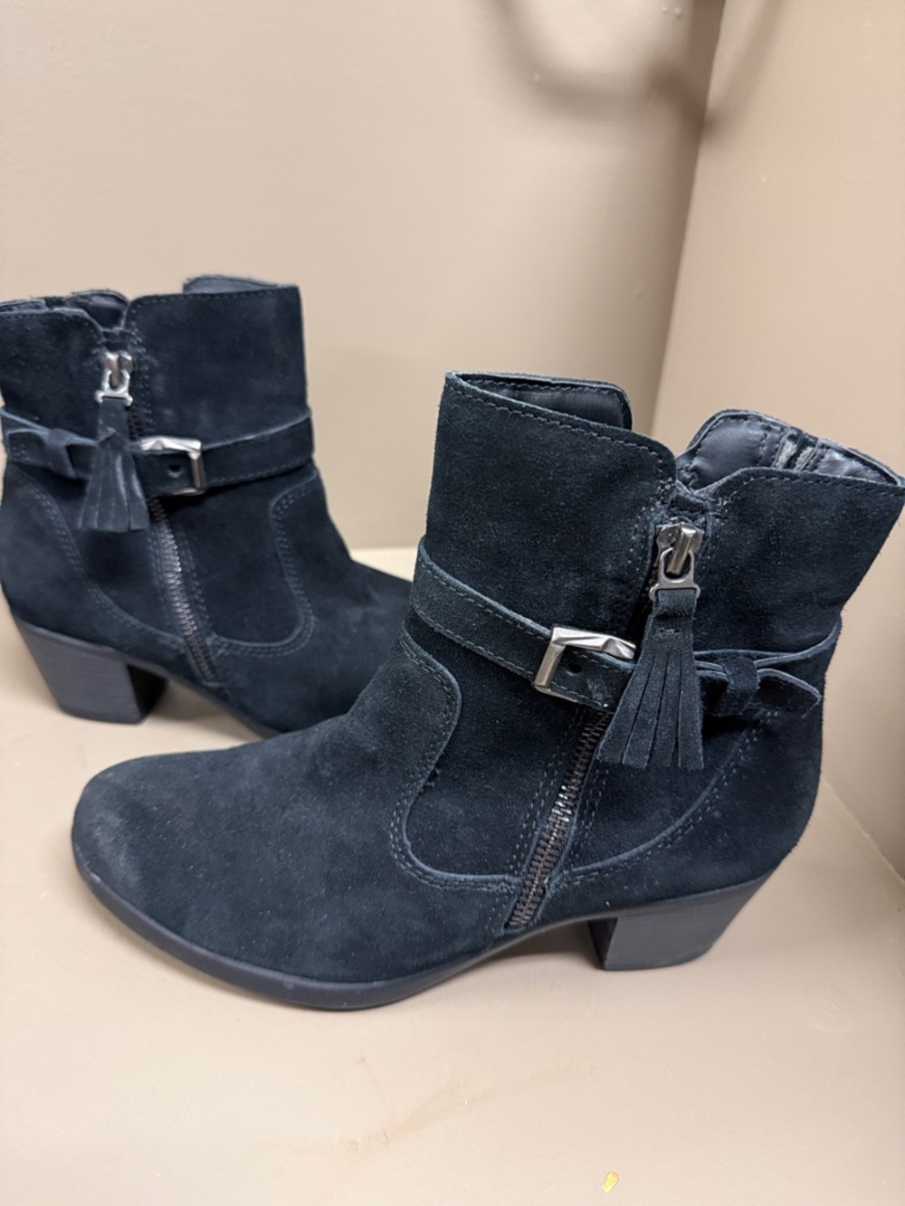 Earth Origins Black Suede Ankle Boots Decorative Tassel Zip, Interior Access Zip